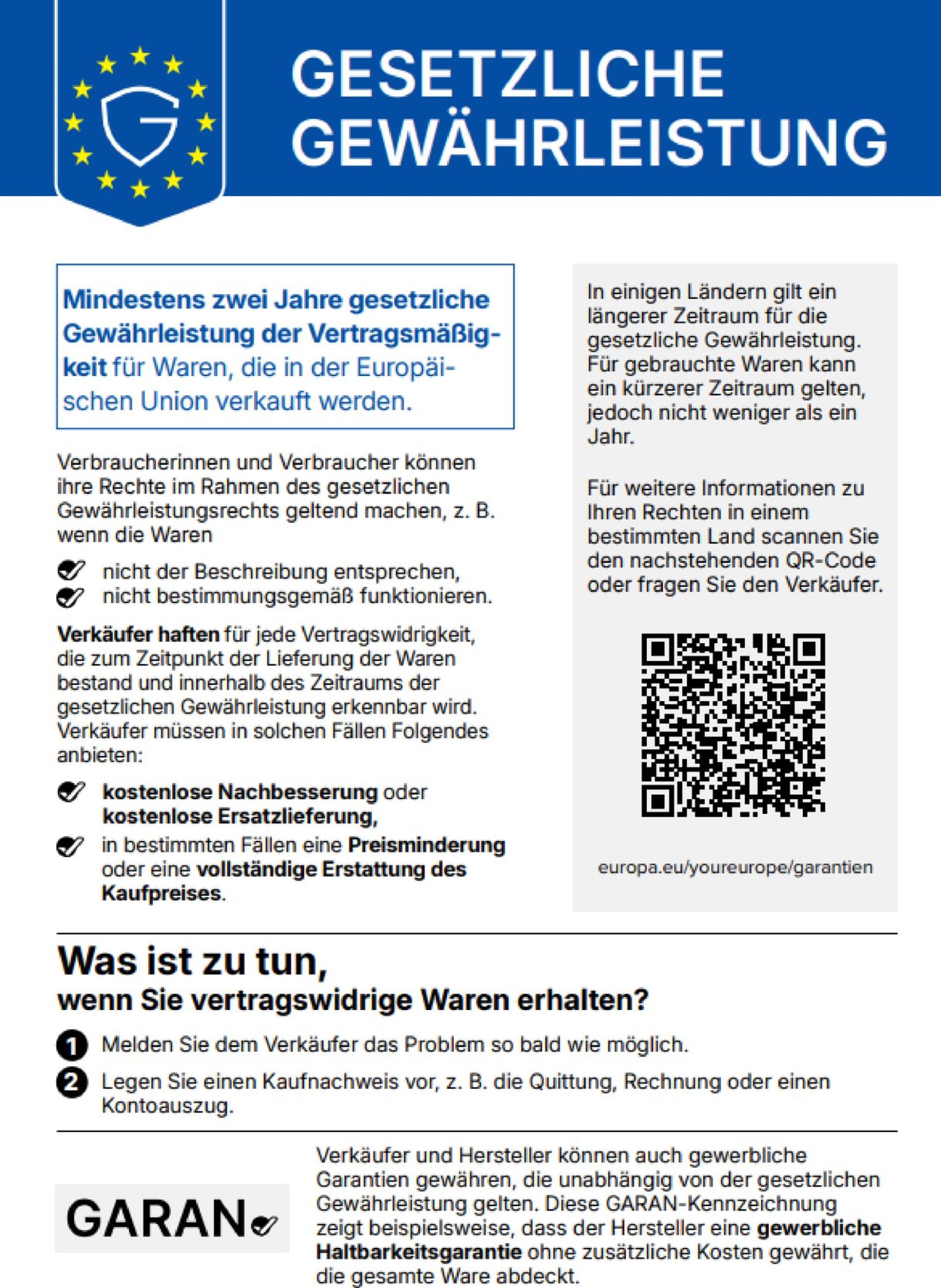 Farbige deutsche Version des EU-Gewährleistungslabels