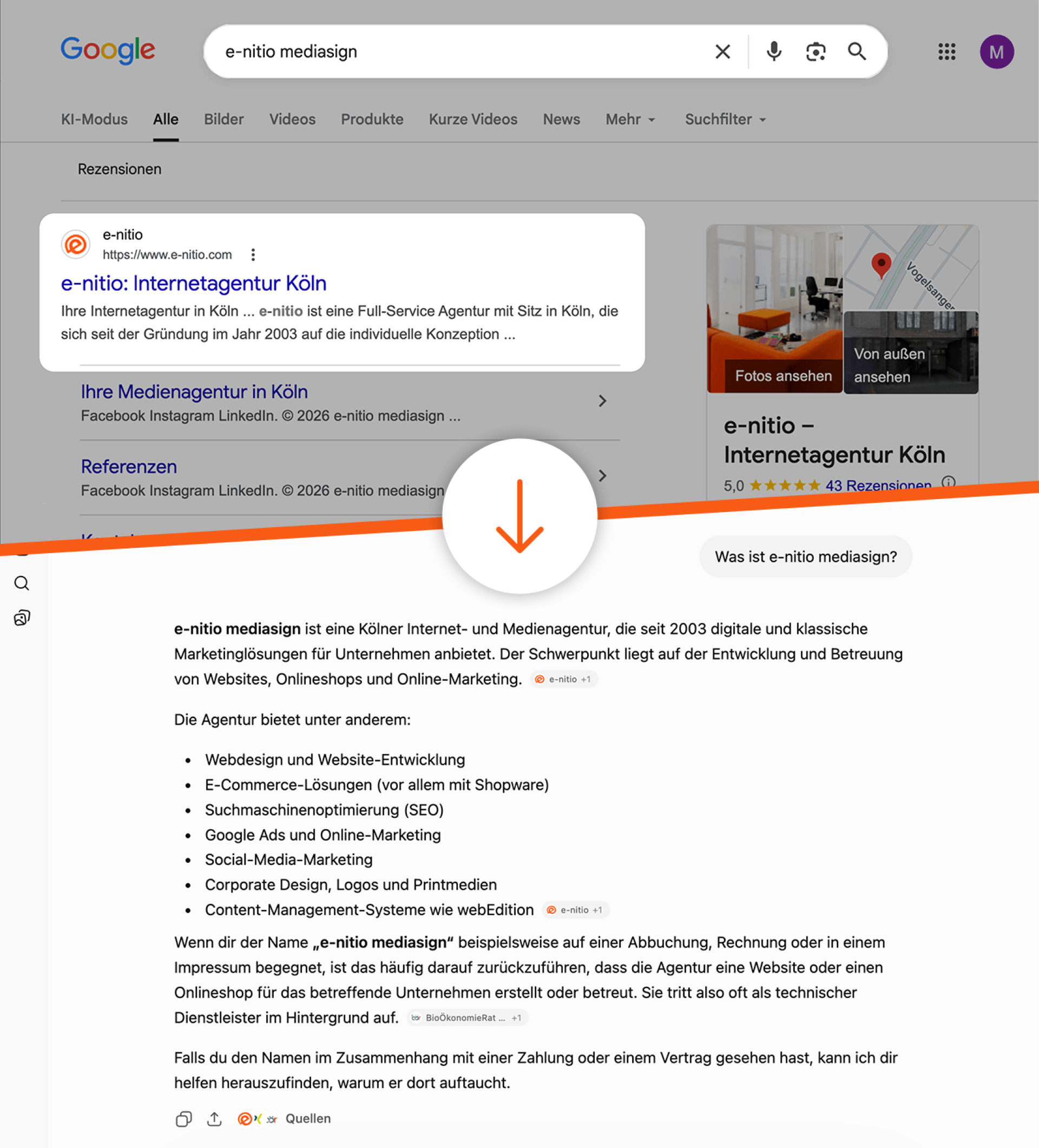 Verändertes Suchverhalten: klassische Google-Suche im Vergleich zu KI-Antworten von ChatGPT